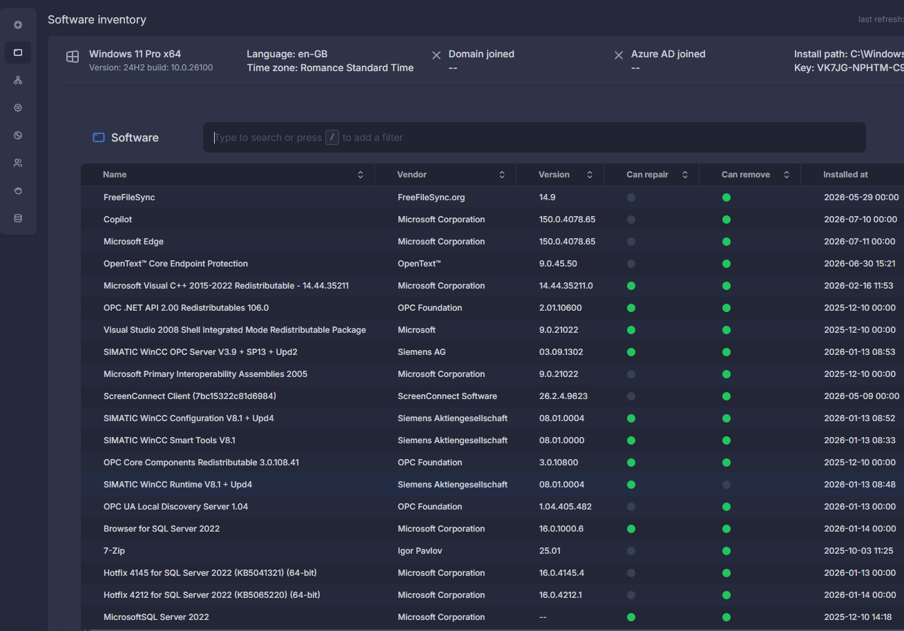 Xcellerate RMM software inventory showing installed applications with vendor, version and install date